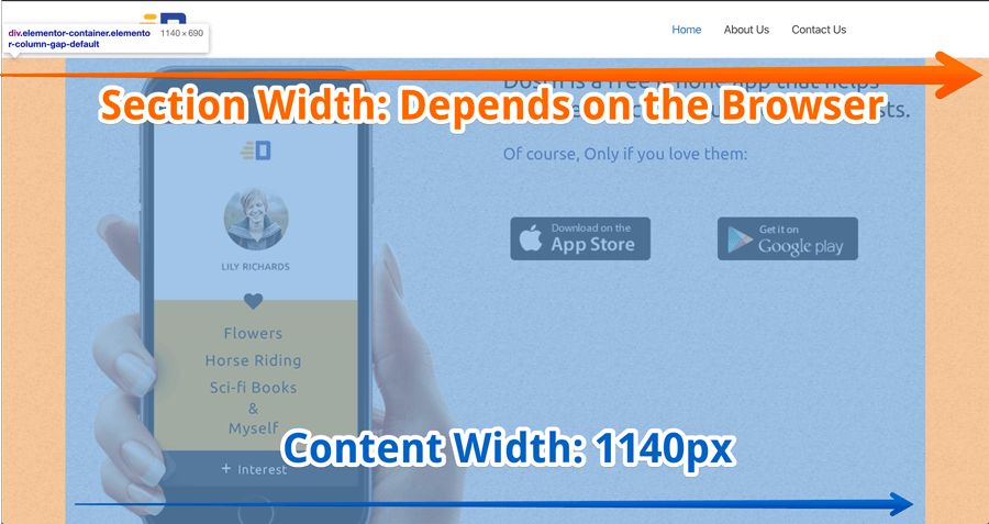 Demonstrating the difference between content width and 