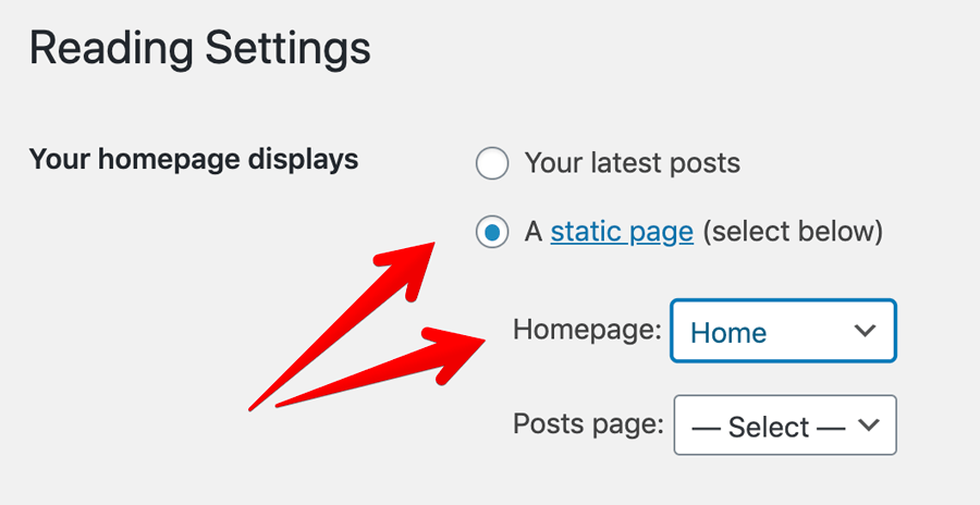 WordPress Reading Settings with static page option selected