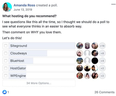 Amanda's poll about which hosting solution is the best and Siteground came out on top by a huge margin