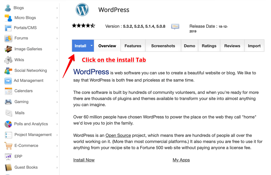 Siteground WordPress install tab