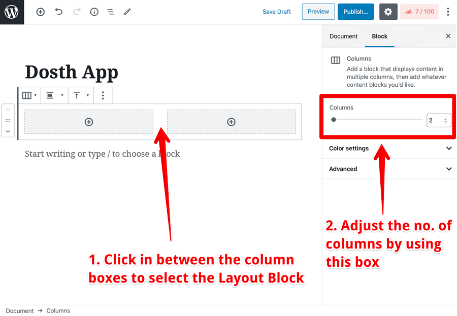How to adjust the columns block