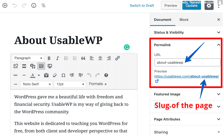 WordPress page slug