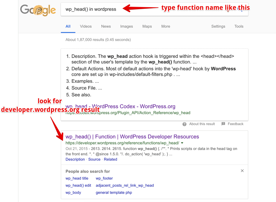 Google results for wp_head action hook