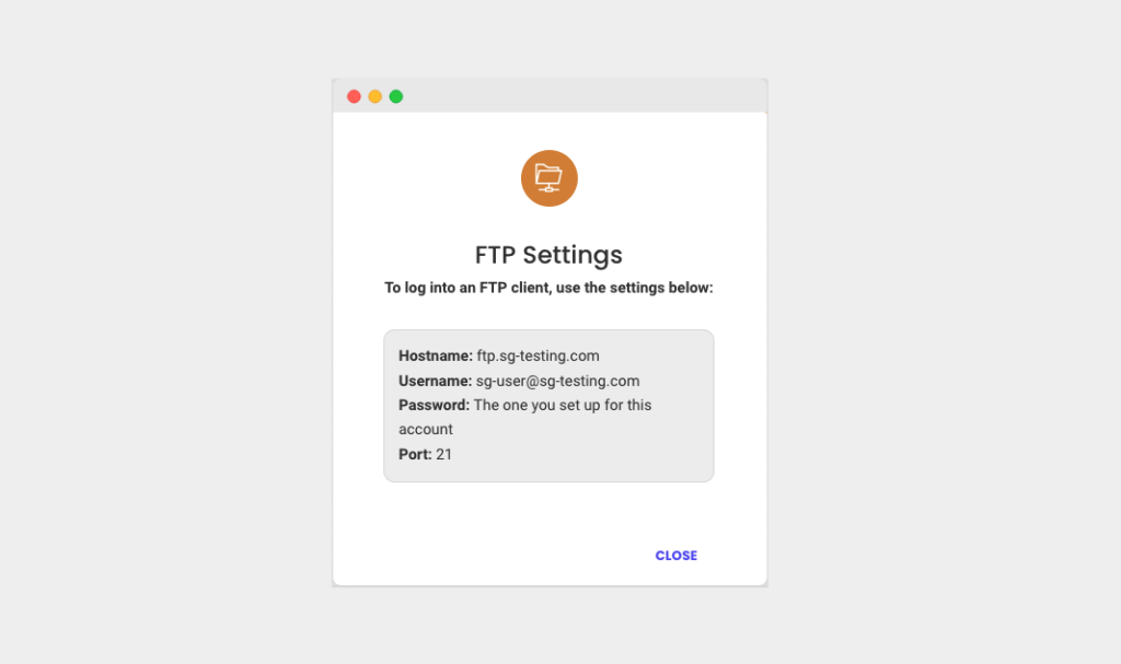 Sample FTP credentials from Siteground