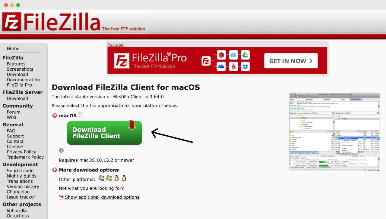 Download page of Filezilla