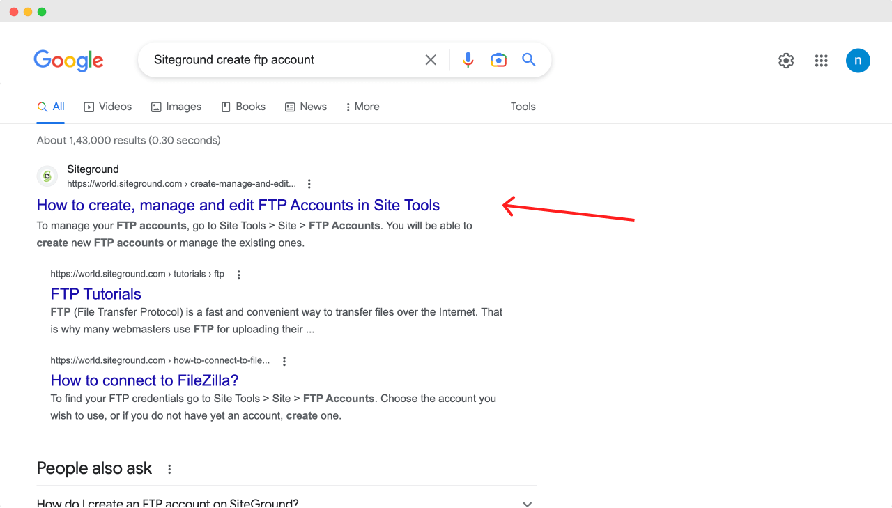Google search results for the Siteground's FTP account creation guide