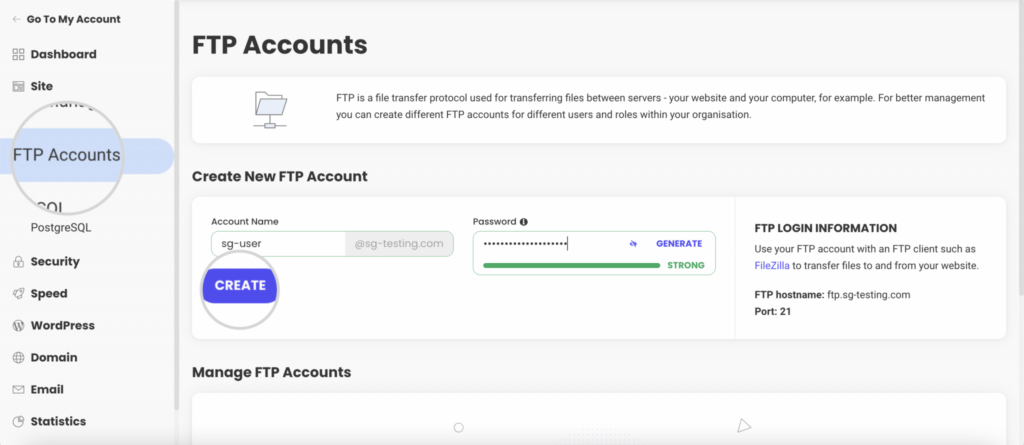 Siteground's Interface for creating an FTP account
