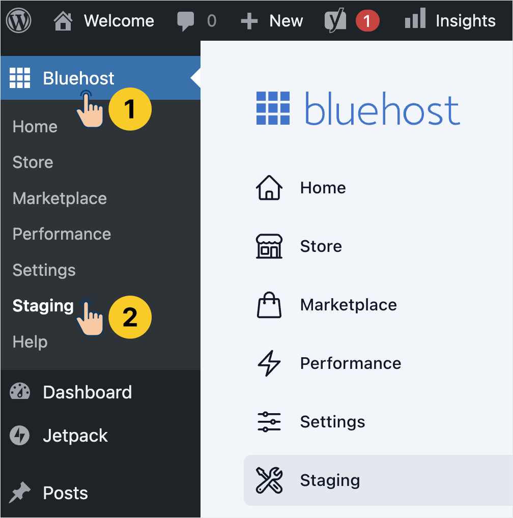 Accessing the staging settings for a website hosted with Bluehost