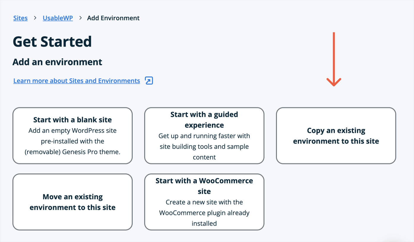 Option for copying the production environment to the staging environment