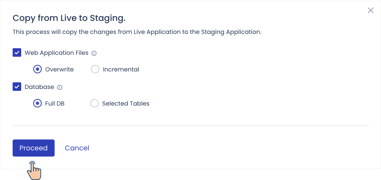 Cloudways options for copying the staging site from the live site