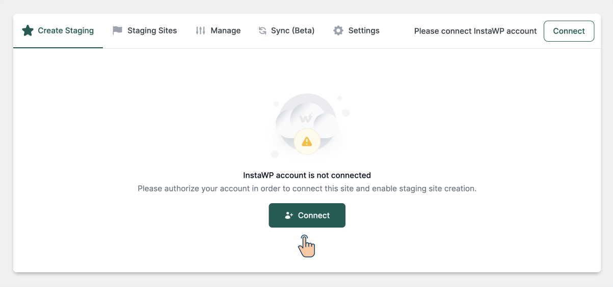 Using the InstaWP Connect button for initiating staging site creation process