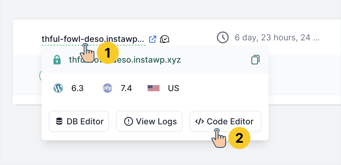 Finding and opening the Code Editor that is provided by InstaWP
