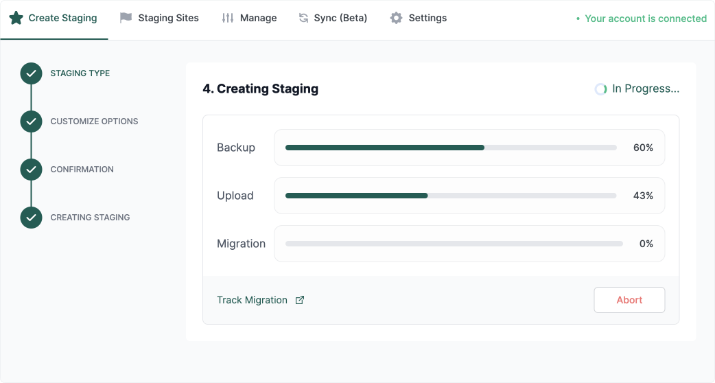 Progress of InstaWP creating a staging site