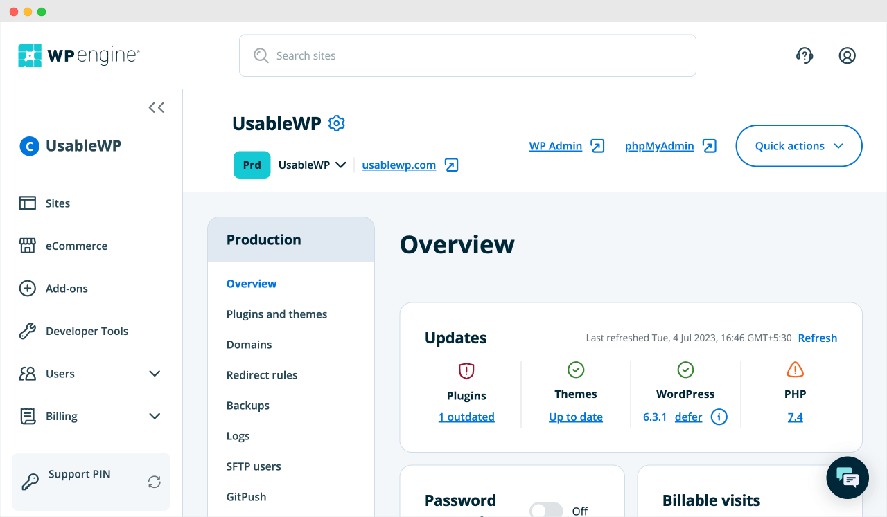 Overview page of the production environment in WPEngine
