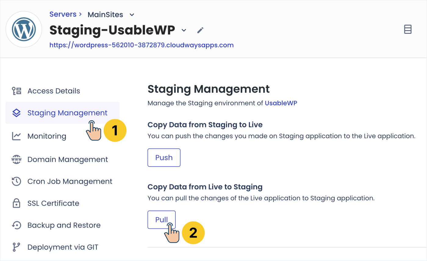 Pulling the latest version of production website to staging using Cloudways dashboard