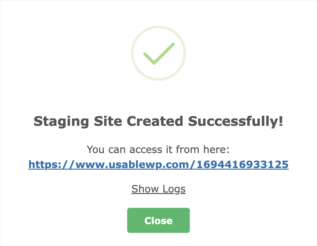 The popup that says staging site got created