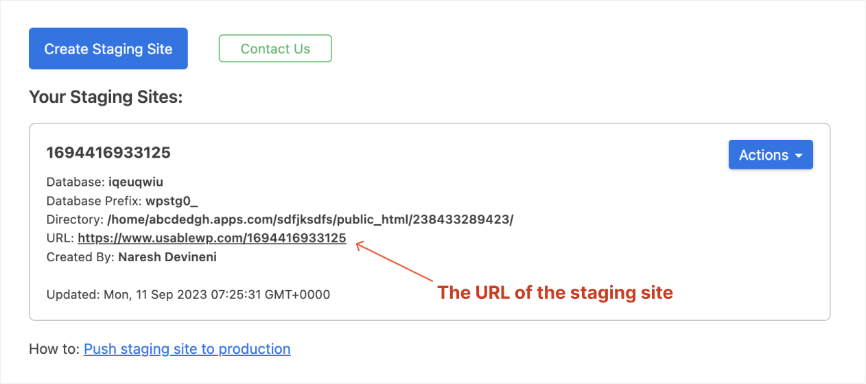URL of the staging site created with WP Staging plugin