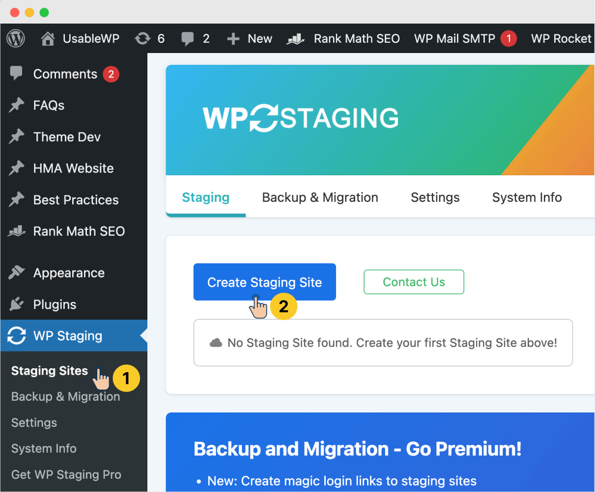 Button for creating the staging site