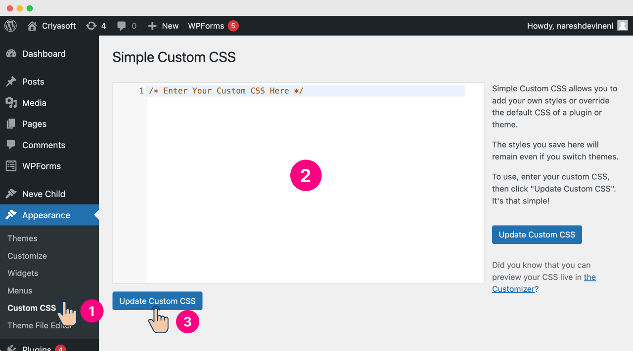Interface of Simple Custom CSS plugin