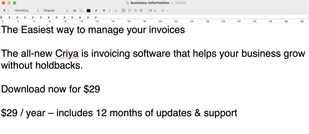 Piece of business information in a text document