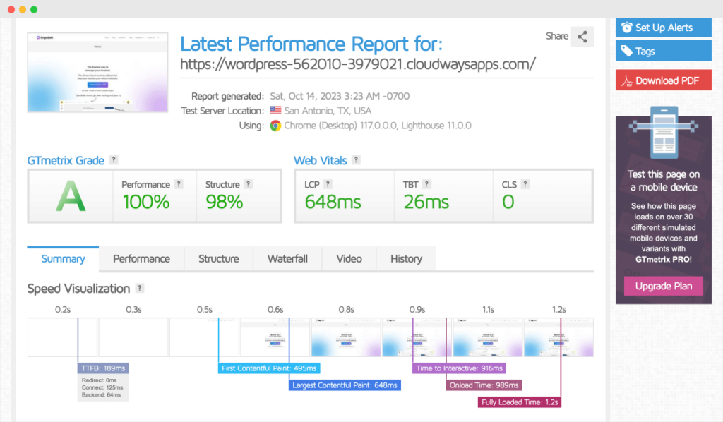 An example of Website's performance report produced by the GTMetrix tool