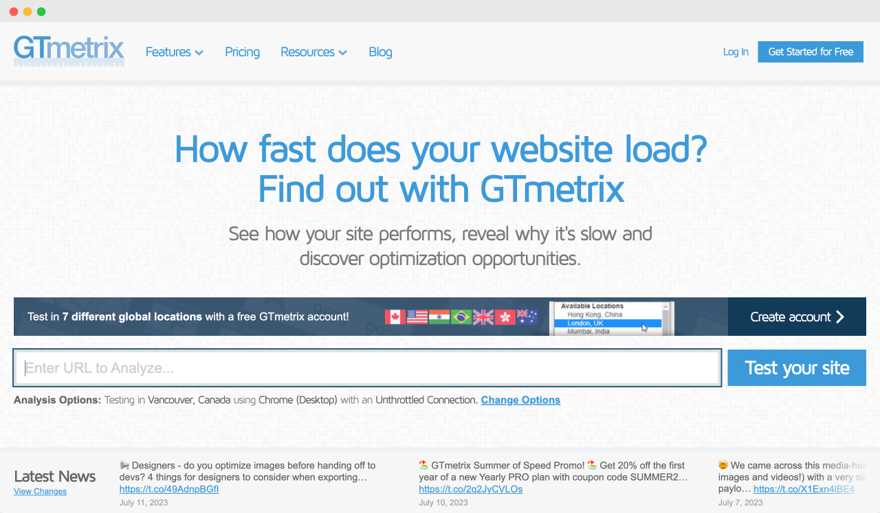 Homepage of GTMetrix