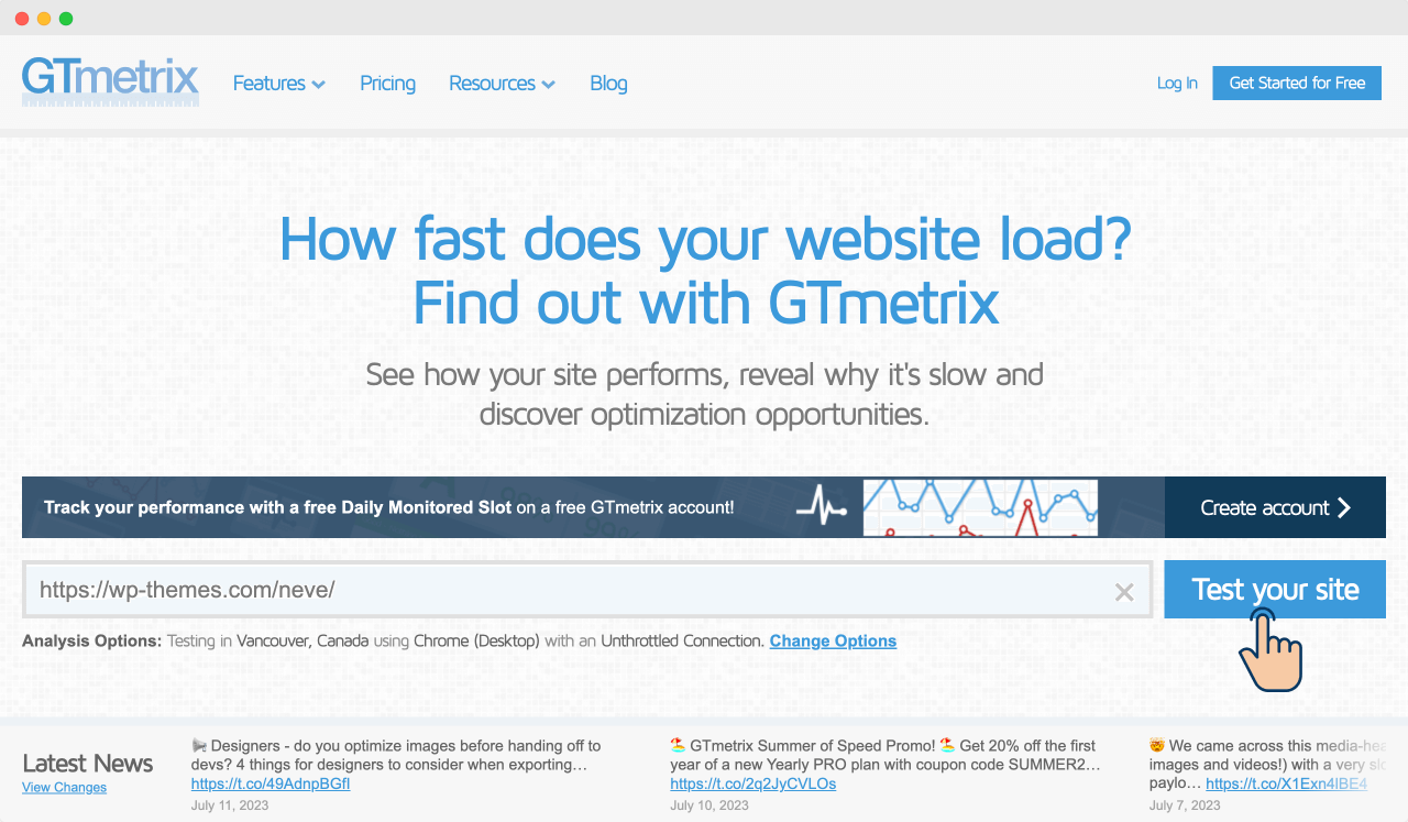 Testing your site's performance by clicking on the "Test your site" button.