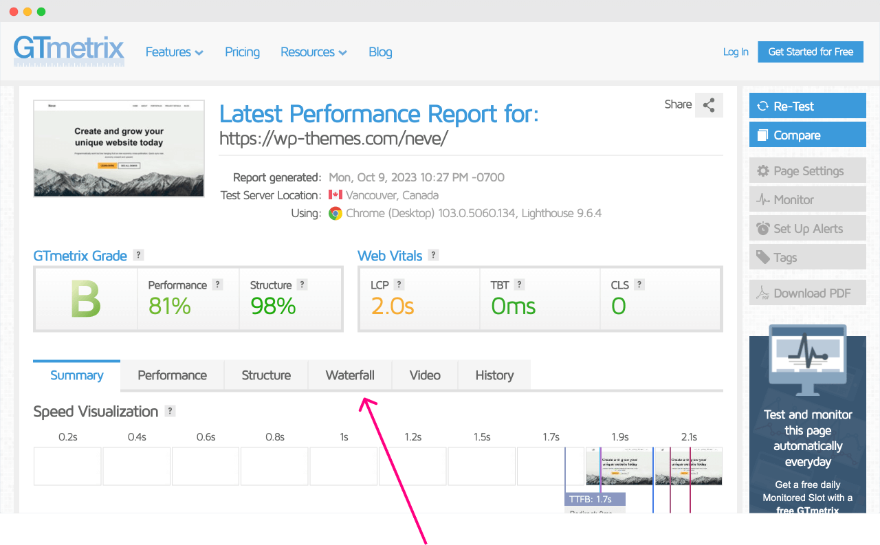 The location of the Waterfall tab on the GTMetrix performance report page