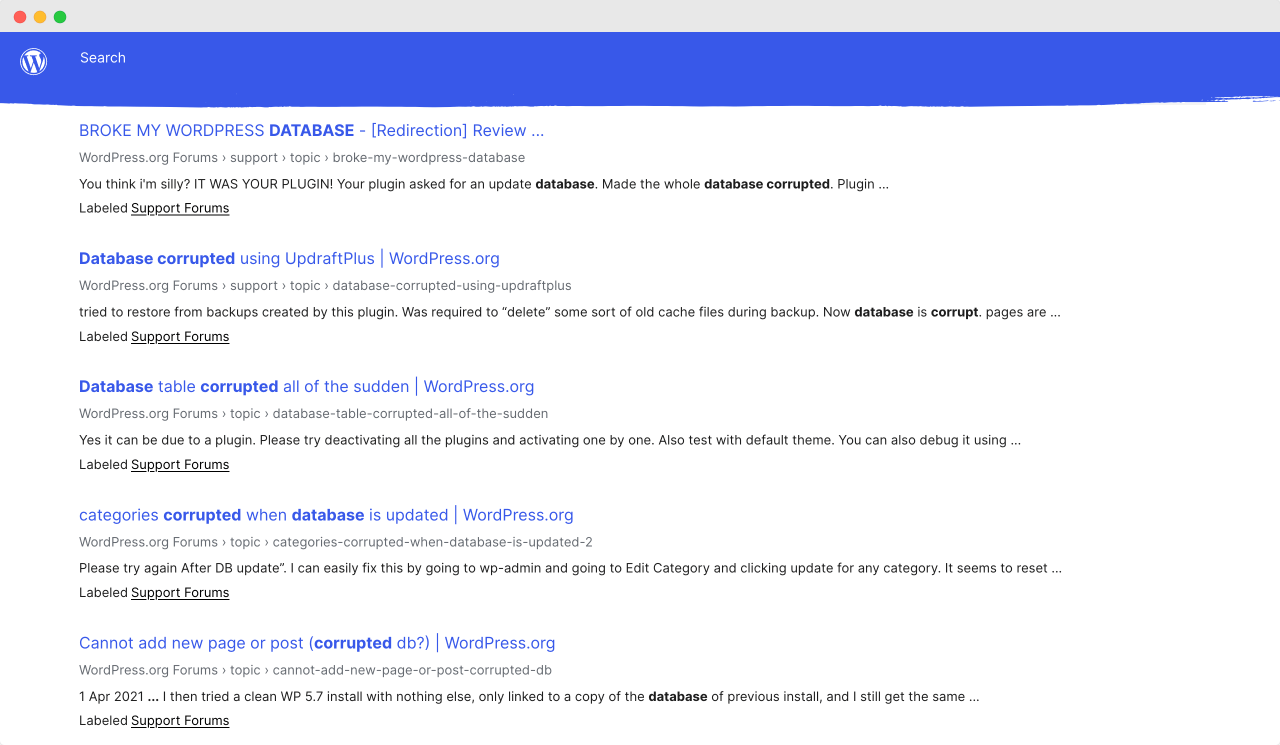 Search results page on WordPress.org showcasing the problems you could face if you don't Back up WordPress Database regularly.