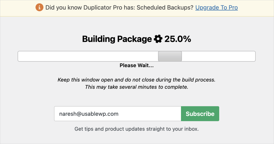 Database backup package creation is now 25% complete